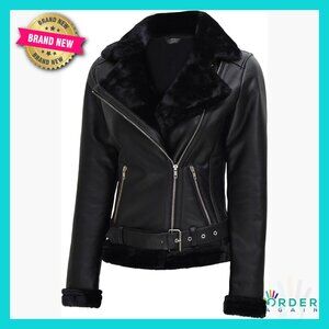 Leather Sherpa Jacket Women's Classic Asymmetrical Quilted Straight Fit